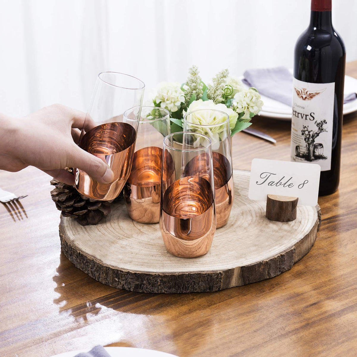 MyGift Modern Champagne Flutes, 11 oz Tilted Design Copper Stemless Champagne Flute Glasses, Set of 4