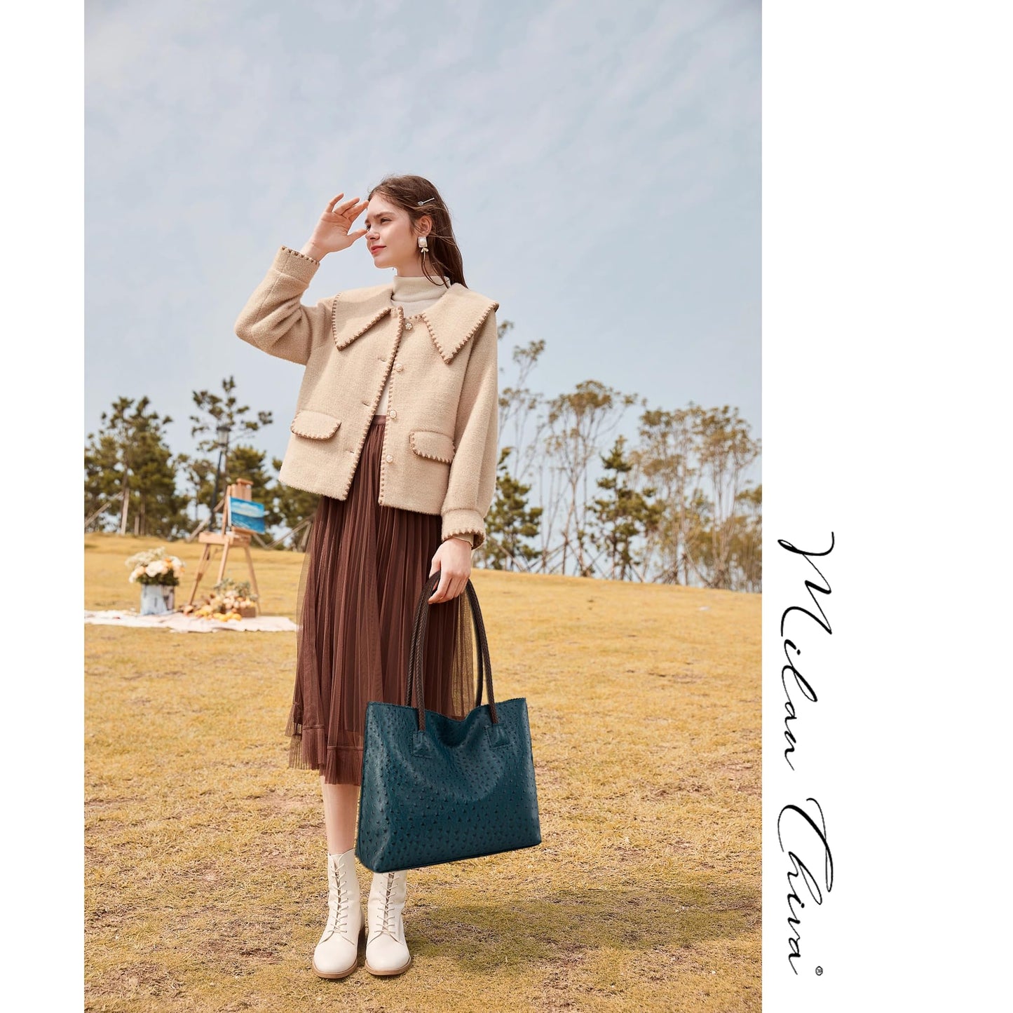 Milan Chiva Leather Tote Bag for Women with Zipper Large Ostrich Hobo Purse Shoulder Purses and Handbags Deep Blue Gift MC-1038LKB