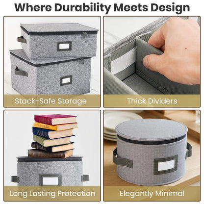 HOMELUX THEORY Hard Shell China Storage Containers, 8pc Light Gray Mug & Plate Storage Box, Kitchen Storage Bins With Lids, Heavy Duty Moving Box with Handles for Dishes, Silverware, Cup & Mug
