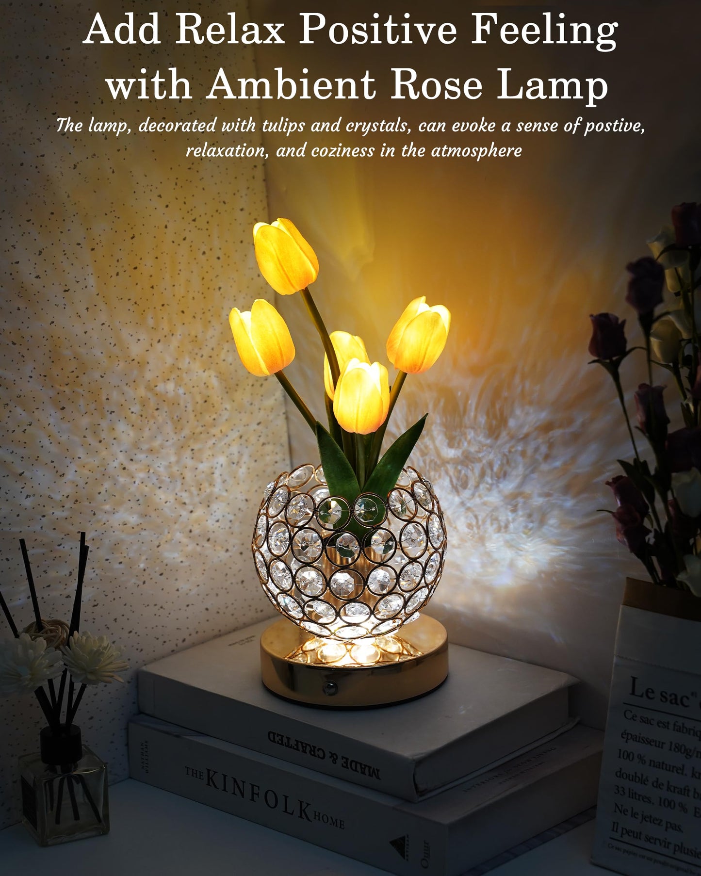 Cordless Tulip Flower Lamp, Adjutable Touch Dimming Crystal Night Light with Artificial Tulip Flower, Rechargeable LED Flower with Vase Lamp Romantic Decor for Bedside Nightstand, Gift for Mother