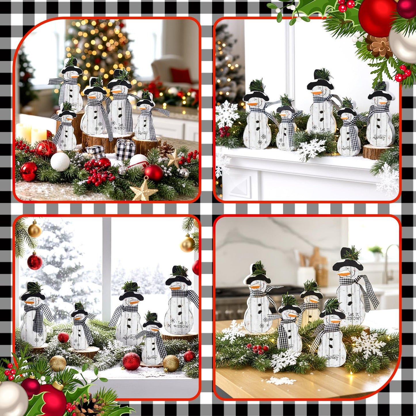 Threehoney Christmas Snowmen Wooden Ornaments Rustic Christmas Table Centerpieces Farmhouse Tiered Tray Decor Table Sign for Xmas Winter Holiday Party Home Office Shelf(5 Pcs,Farmhouse)