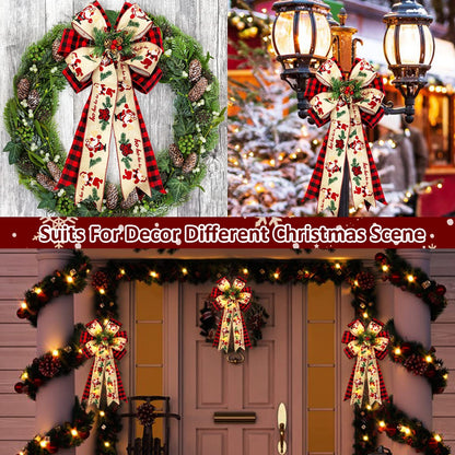 2 Pcs Prelit Christmas Bows Decor with 20 Lights, Santa Bells Black Red Buffalo Plaid Xmas Bows 20" by 11" Christmas Tree Wreaths Garland Bow Battery Powered Christmas Decorations Home Indoor Outdoor
