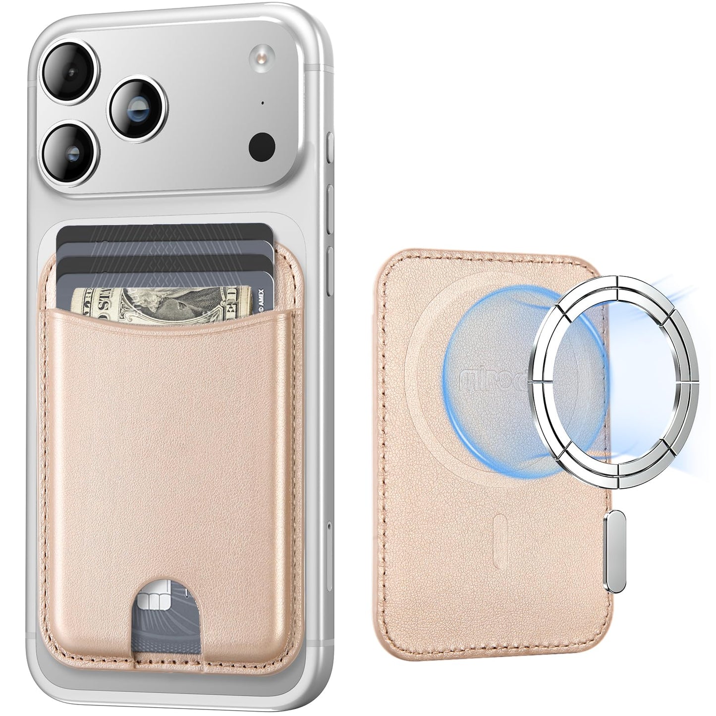 Miroddi for Magsafe Wallet, Magnetic Card Holder for iPhone 17/16/15/14/13/12 Series, Leather Magnet Phone Wallet Fit 4 Cards 3 Cash, Ultra-Thin, RFID Blocking, Gold