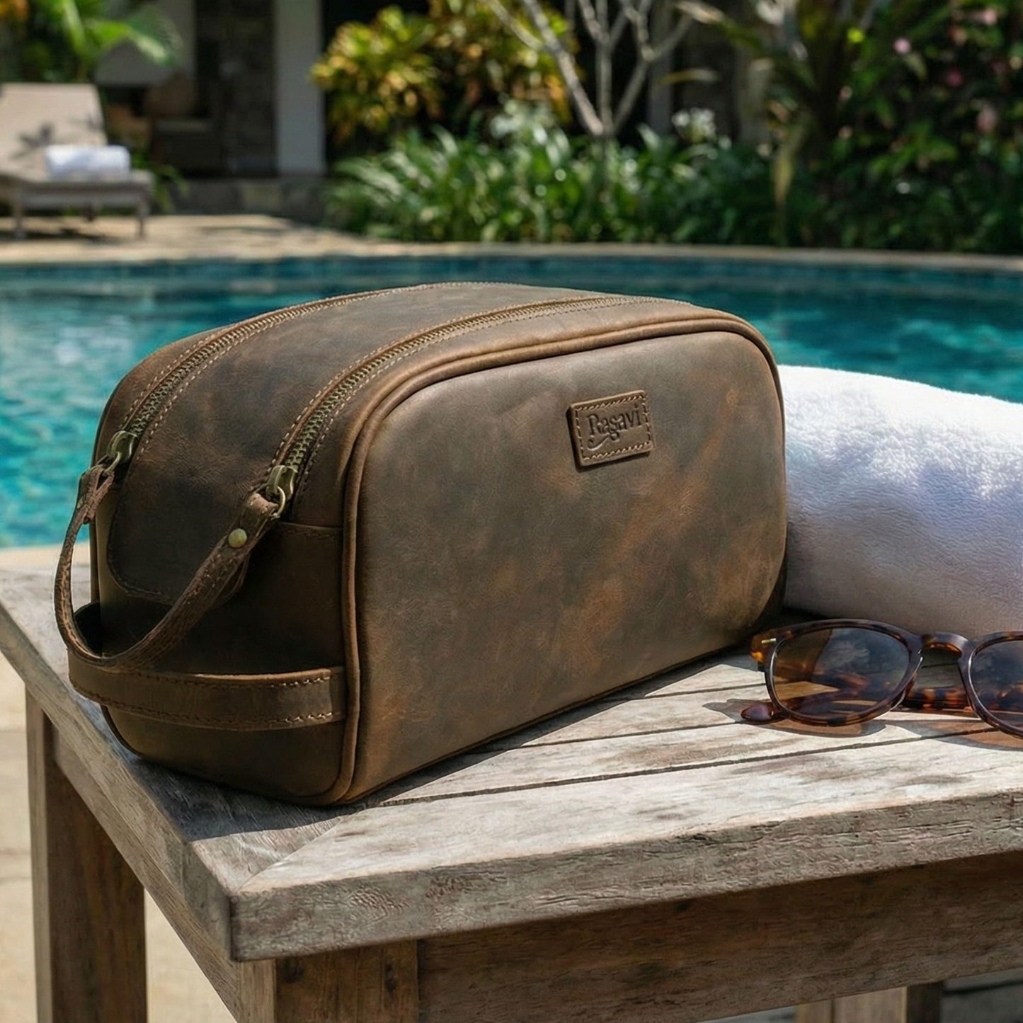 Rasavi Genuine Leather Travel Toiletry Bag, Handcrafted Vintage Water-Resistance Dopp Kit, Large Shaving & Bathroom Organizer - Gift for Men & Women - Rustic Town