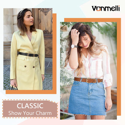 VONMELLI 2 Pack Women's Leather Belts for Jeans Pants Fashion Gold Buckle Ladies Belt Black Brown, M