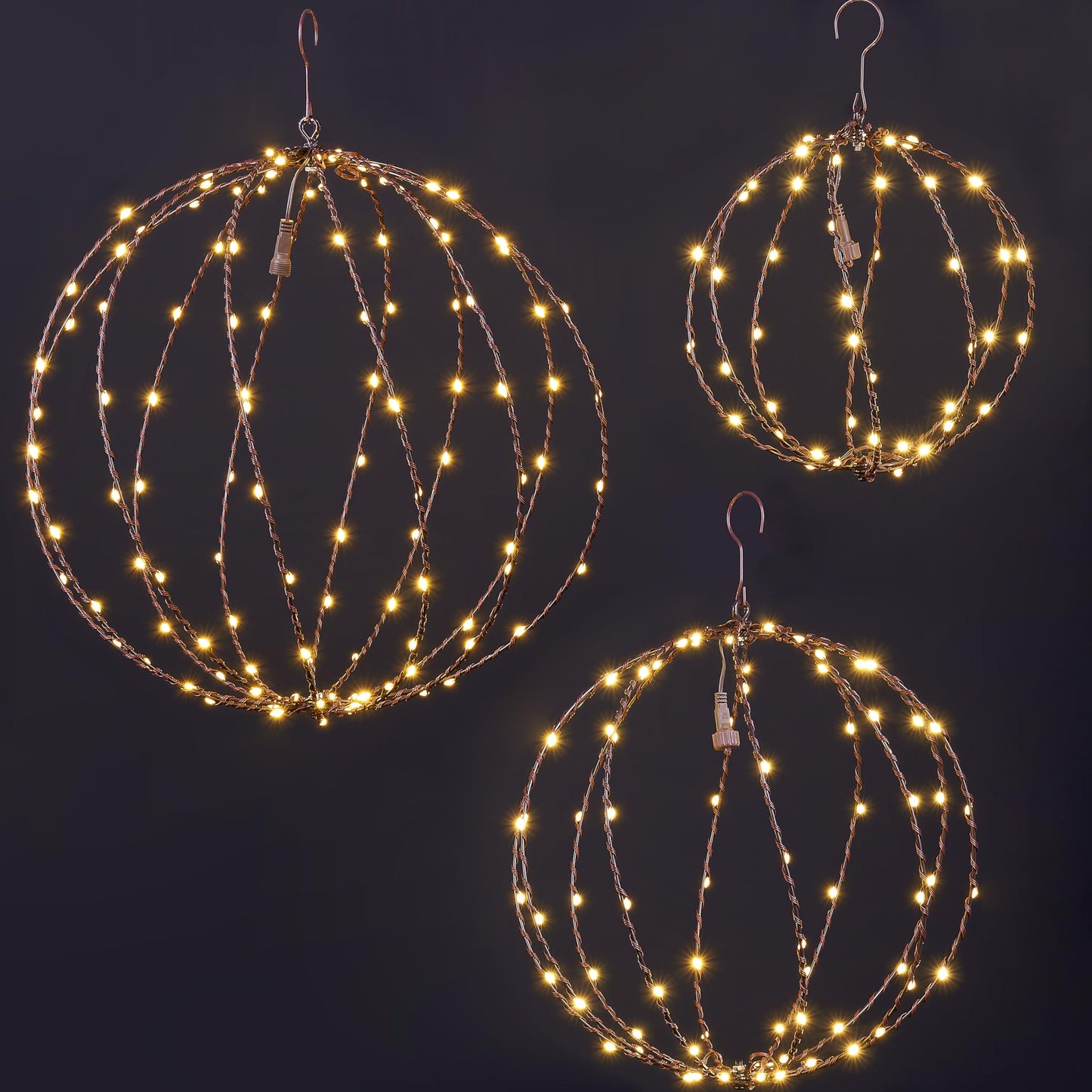 LIGHTSHARE 248LED 12IN+16IN+20IN Light Ball Yard Decoration Pathway Lights Brown Sphere Light Fold Flat Metal Frame Indoor Outdoor Waterproof Garden Lights, Plug in(Set of 3)
