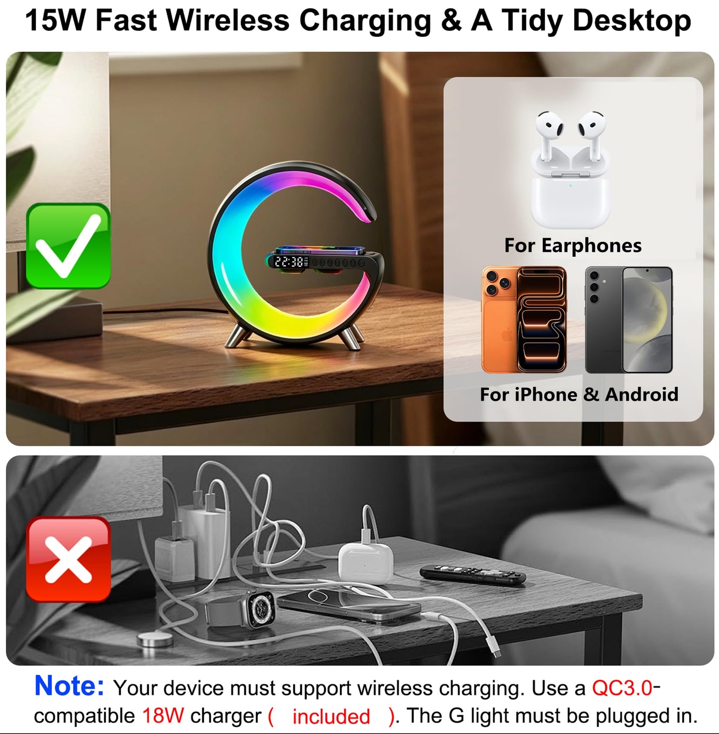 4 In 1 Smart LED Table Lamp, Alarm Clock, Wireless Charger, Night Light, Bluetooth Speaker with App Control, Bedside Lamp for Bedroom, Office, Home Decor, Family, Girls Boys Birthday Festival Gifts