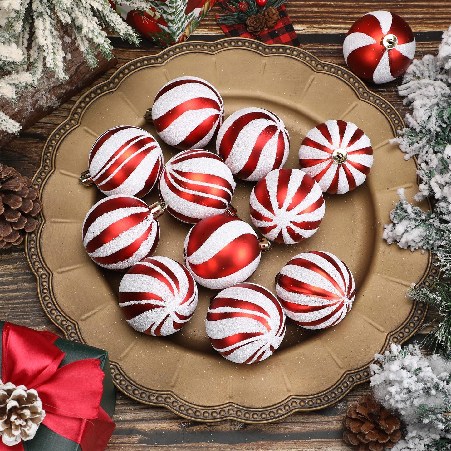 Liliful 12 Pcs 2.4 Inch Christmas Ball Ornaments Glittering Plastic Hanging Decorations Elf Balls Swirl Candy Cane Peppermint Christmas Tree Pendants for Xmas Tree Decoration (Red and White)