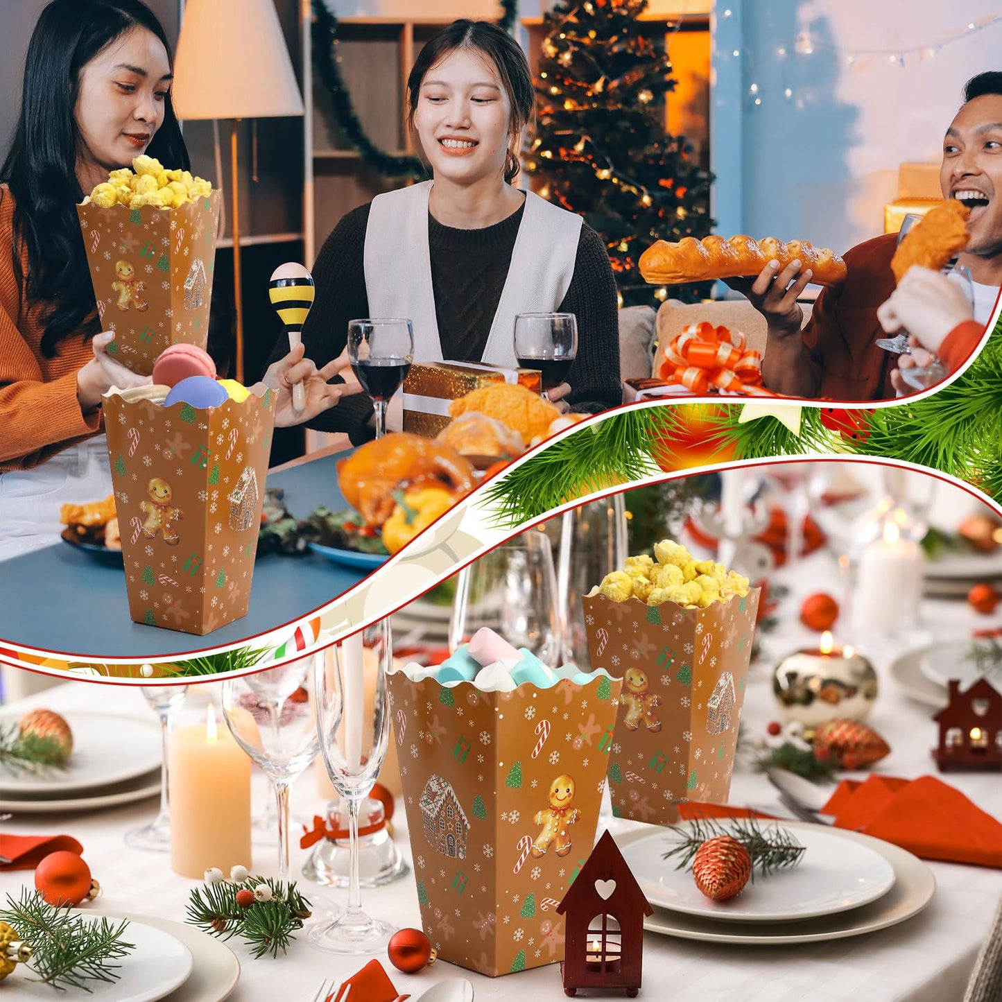 Faccito 50 Pcs Christmas Popcorn Boxes Brown Gingerbread Christmas Movie Popcorn Boxes Paper Snow House Buckets Snack Containers Holiday Case for Xmas Party Gingerbread House Party Favors Supplies