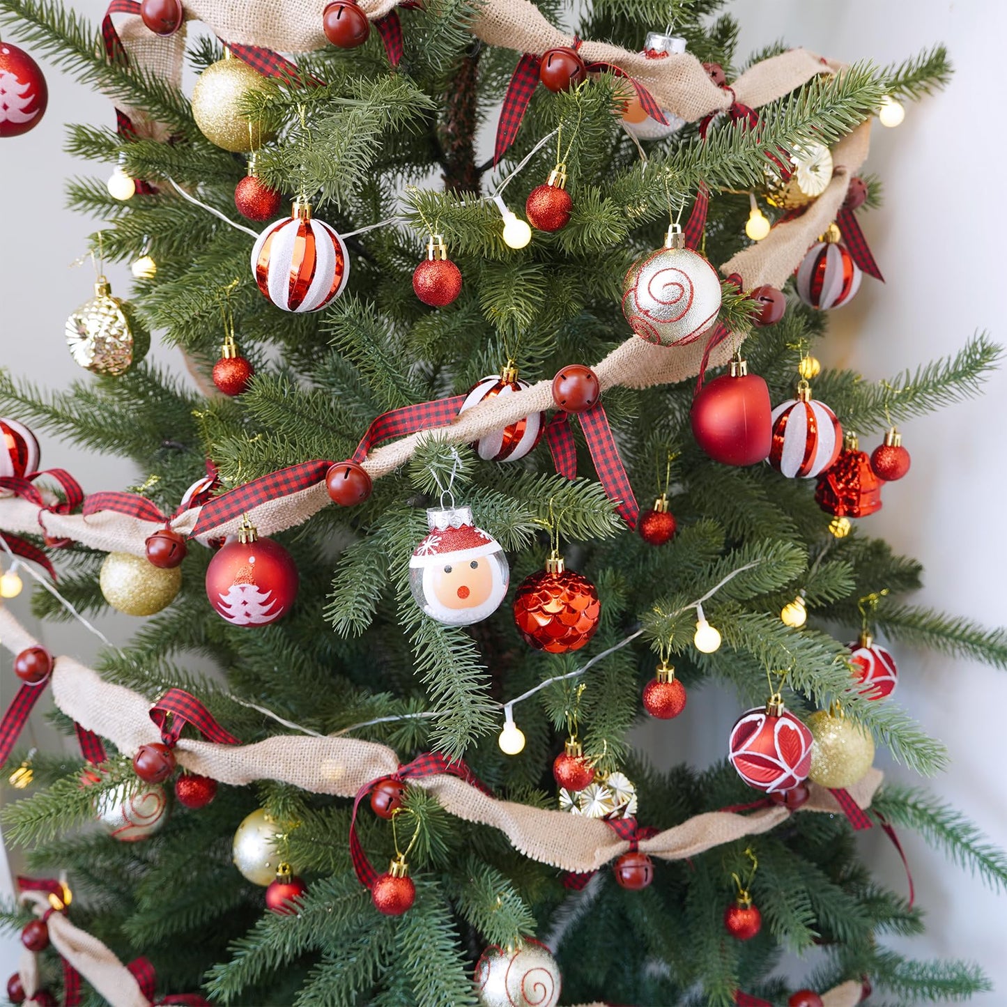 Winlyn Rustic Sleigh Bell Garland - 6 Yards Burlap with Buffalo Plaid Ribbon - Metal Jingle Bells - Farmhouse Christmas Tree & Banister Mantel Decoration