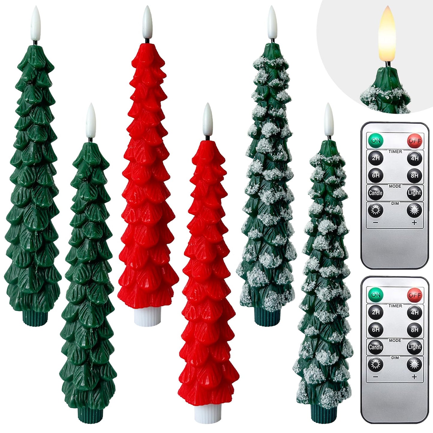 6 Pack Christmas Tree Taper Candles Flameless Taper Candles with Remote Timer Christmas Tree Candlesticks 3D Wick Flickering Battery Operated Candles for Christmas Holiday Home Party Decoration