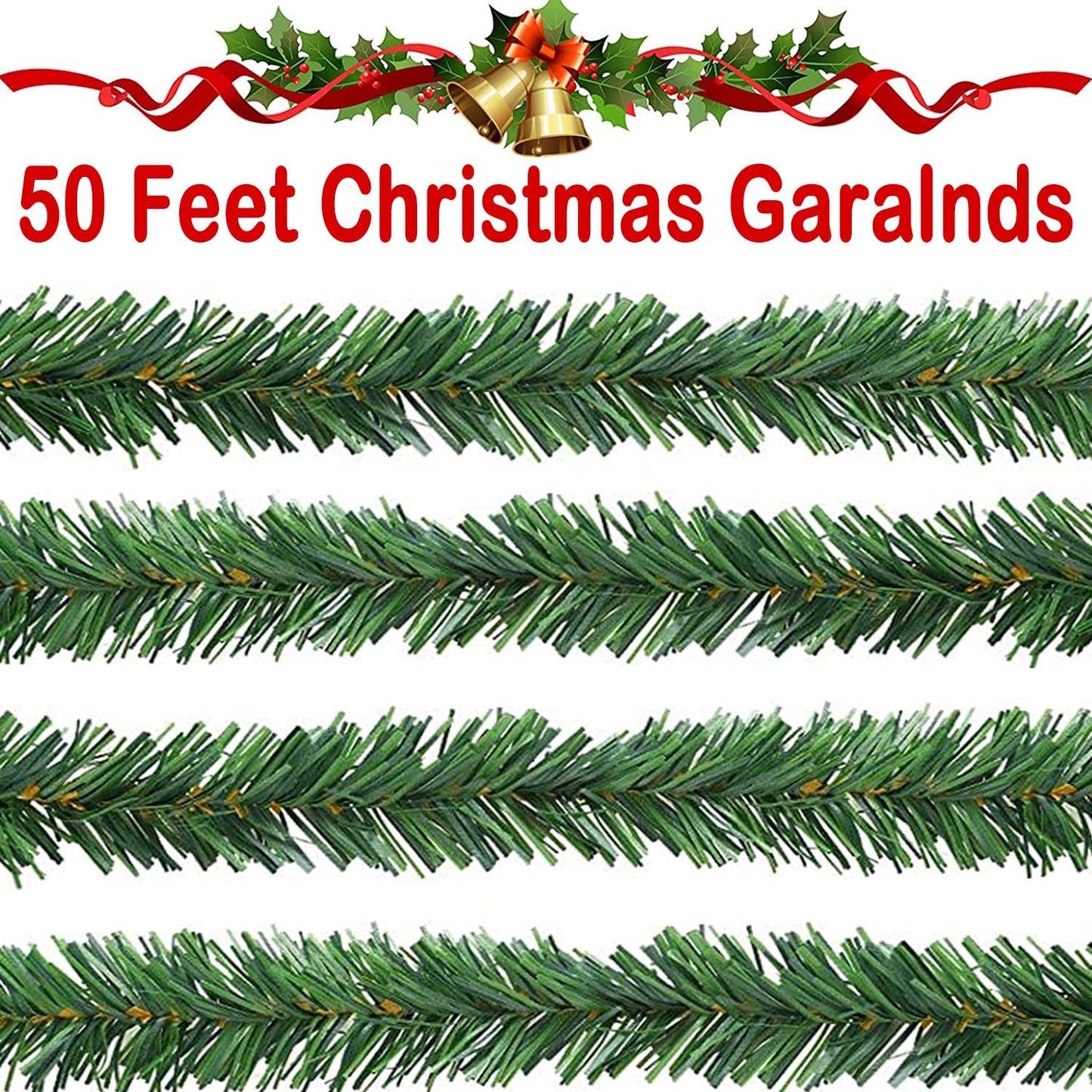 Christmas Green Garland Christmas Decorations Artificial Greenery 50 FT Non-Lit Soft Faux Pine Garland Indoor Outdoor Holiday Decor for Tree Stair Railing Front Door Window Mantle Fireplace Home Party