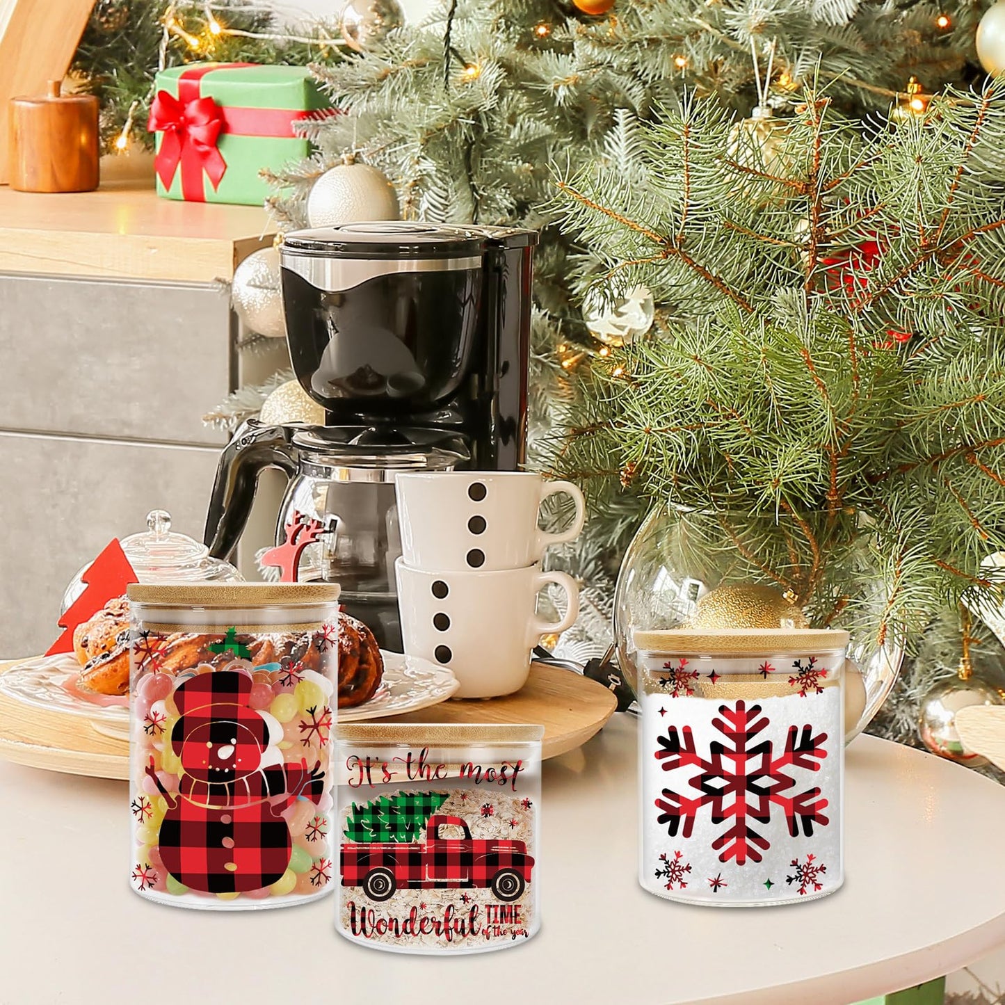 JarThenaAMCS 6Pcs Merry Christmas Glass Storage Jars with Airtight Lid Red Black Plaid Xmas Tree Snowman Reindeer Snowflake Canisters Sets for Home Kitchen Countertop