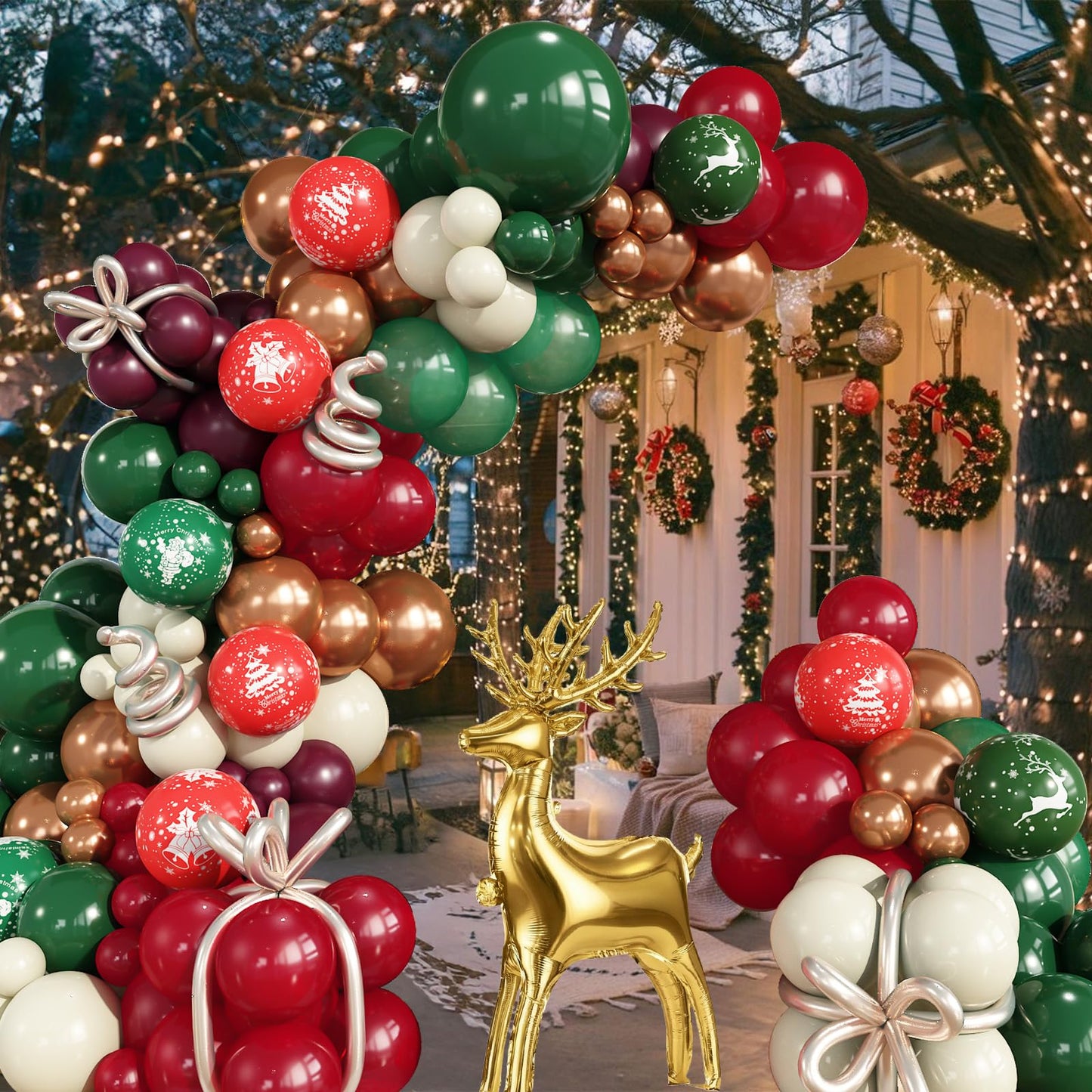 Retro Christmas Decorations Balloon Arch, Ruby Red Green White Balloon Garland with Bell Deer Print Metallic Bronze Gold Balloons Deer Foil Mylar Balloons for Xmas New Year Winter Festive Party Decor