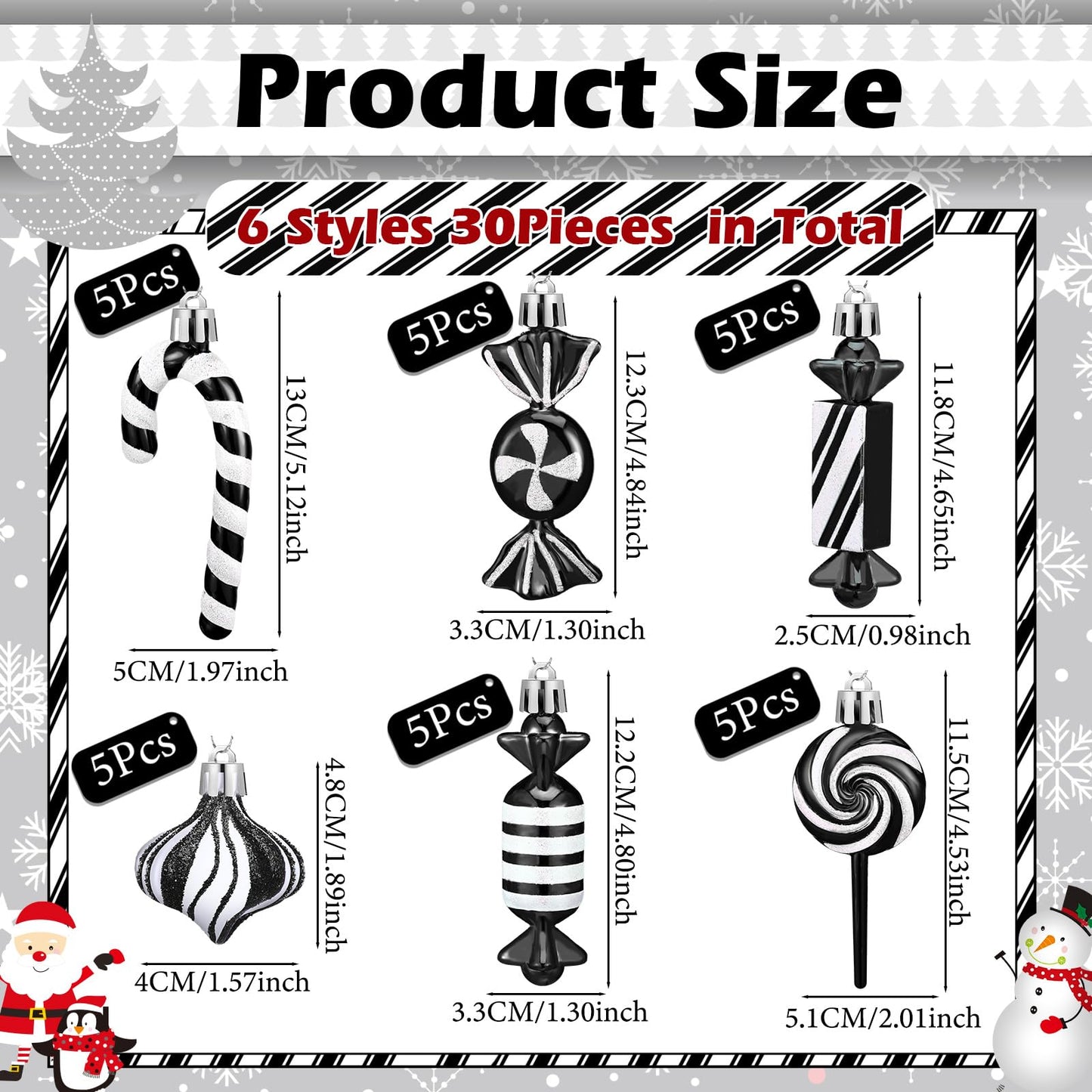 Realspring 30 Pcs Christmas Candy Ornaments Peppermint Candy Cane Christmas Decorations Plastic Lollipop Hanging Ornaments with Rope for Xmas Tree Party Holiday Supplies(Black White)