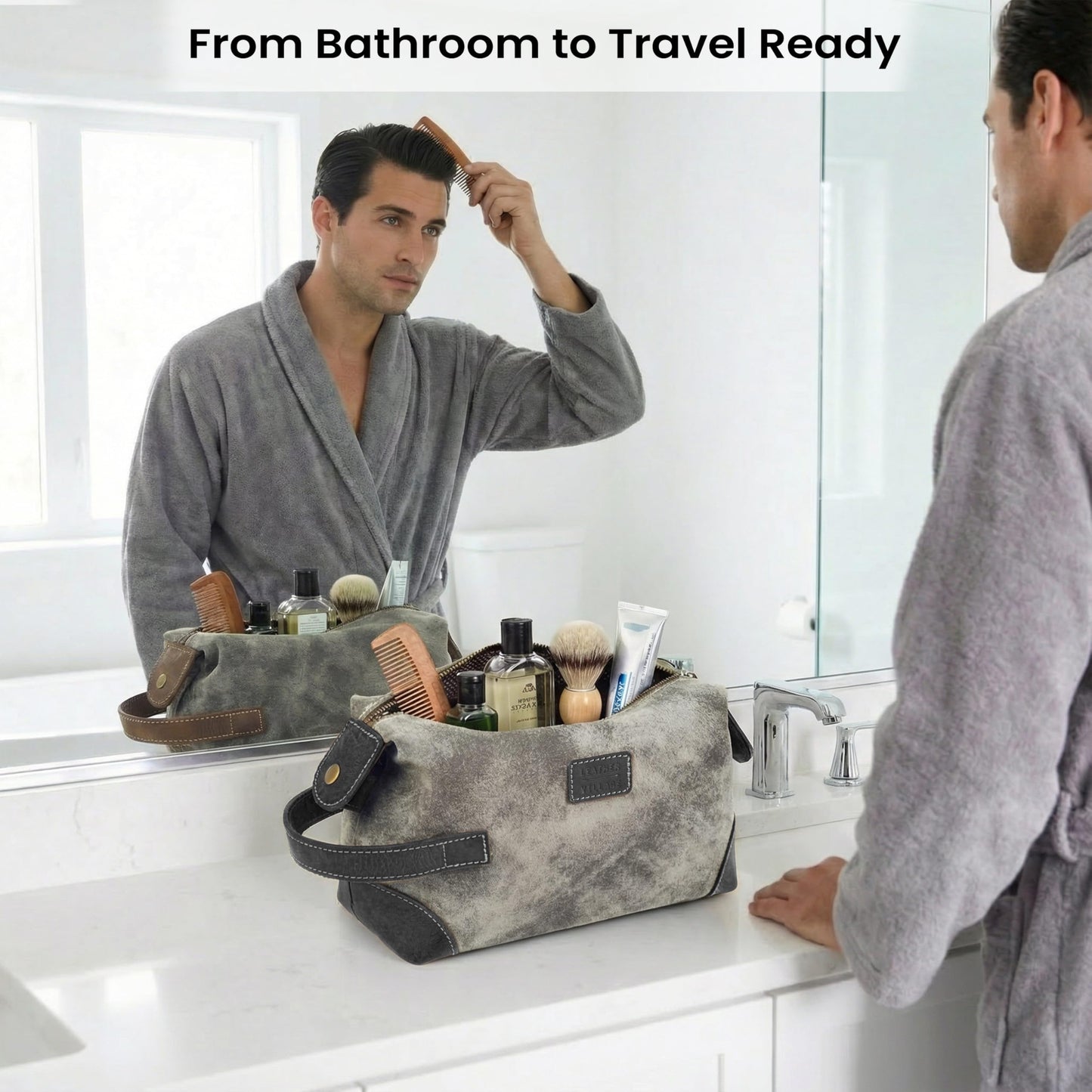 LEATHER VILLAGE Genuine Leather Dopp Kit for Men & Women with Waterproof Lining – Distressed Travel Toiletry Bag, Shaving & Bathroom Essentials Organizer - Distressed Grey