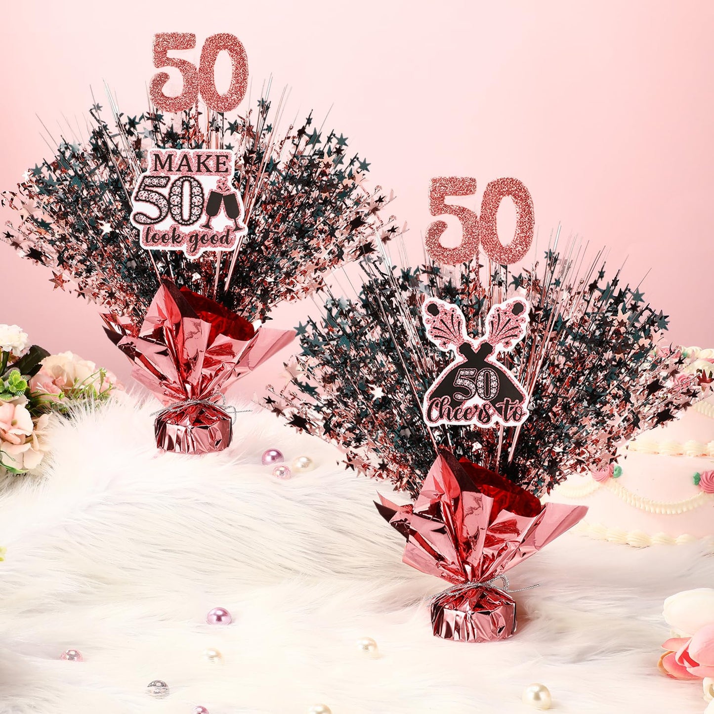 XunYee 4 Set Womans 50th Birthday Table Decorations Black Rose Gold Metallic Star 50th Birthday Decorations for Her Wedding Anniversary Centerpiece