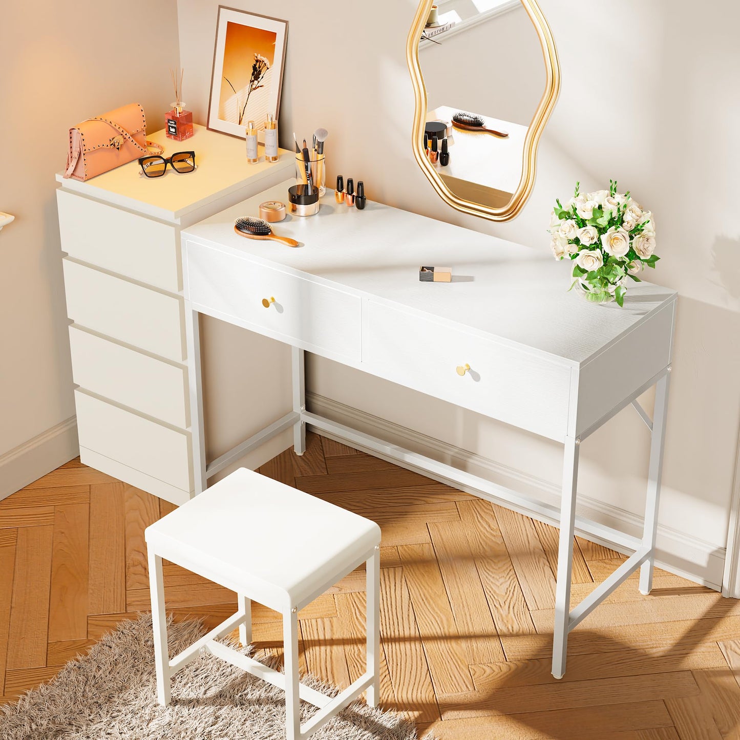 SUPERJARE 43-inch White Desk with 2 Drawers and Padded Stool, Modern Makeup Vanity & Computer Desk with Storage for Home Office, Bedroom Study