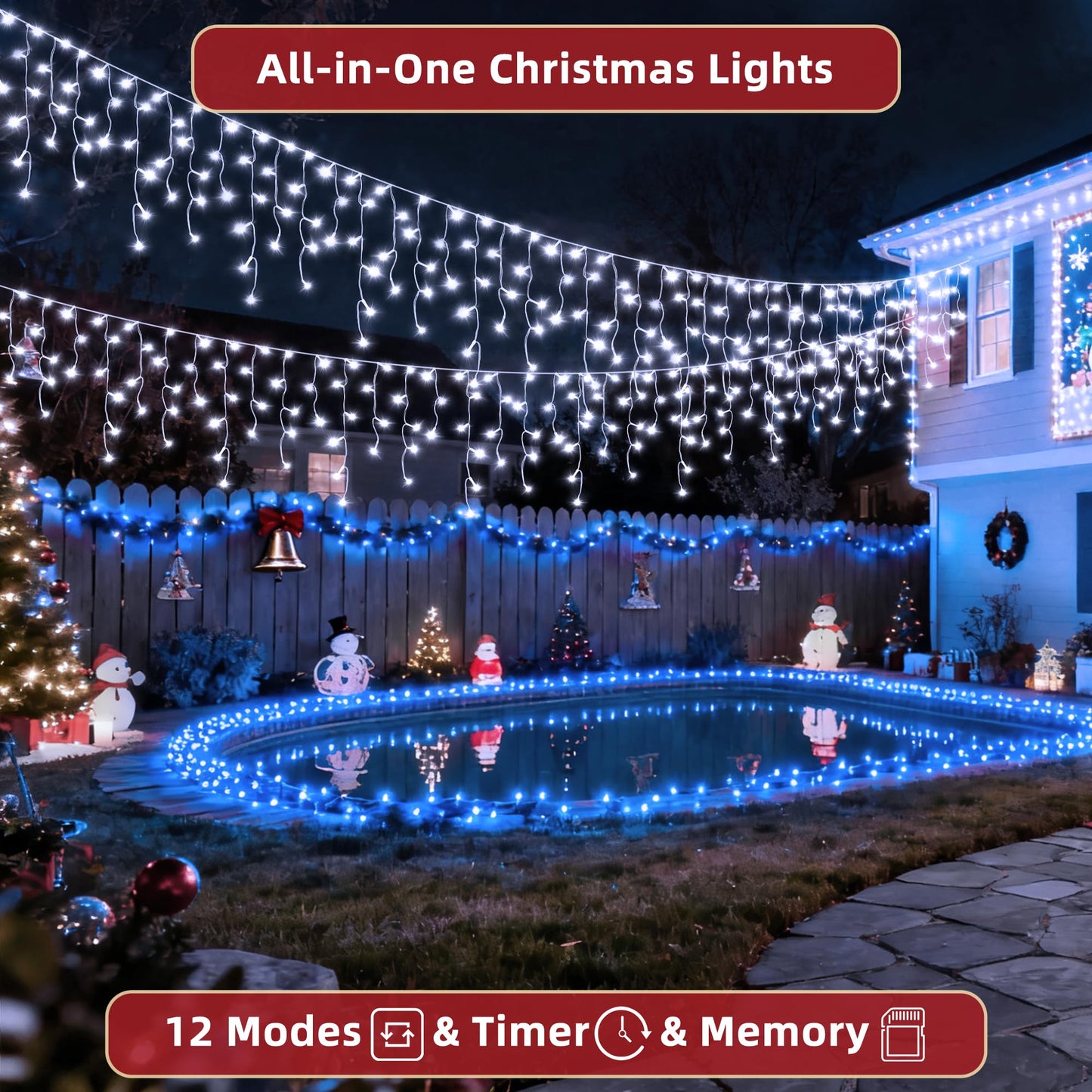 1332 LED 132ft Christmas Lights with 296 Drops, 12 Lighting Modes Cool White Christmas Decoration Twinkling Lights Dimmable, Timer Outdoor Waterproof Fairy Lights for Indoor Garden House Eaves Roof