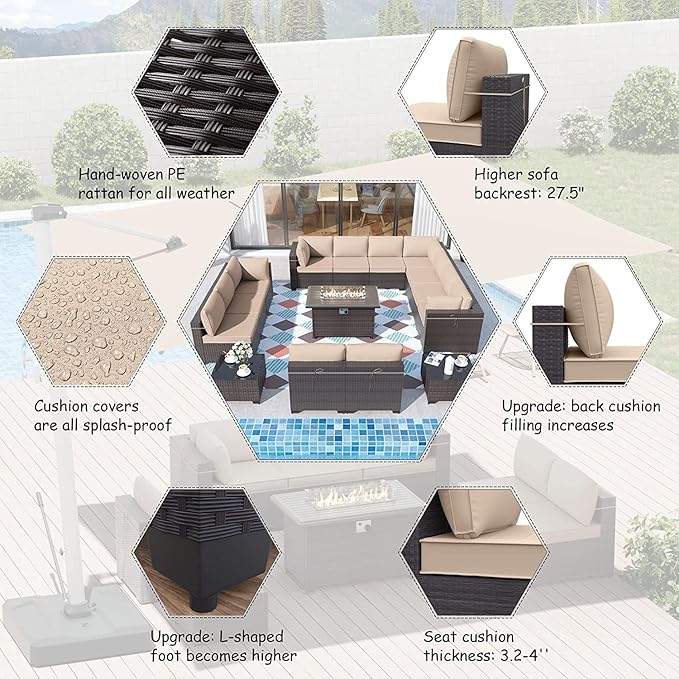 ALAULM 15 Pieces Outdoor Patio Furniture Set with Propane Fire Pit Table Outdoor Sectional Sofas Patio Furniture 43" Gas Fire Pit Brown PE Rattan Patio Conversation Set w/12 Cushions-Sand