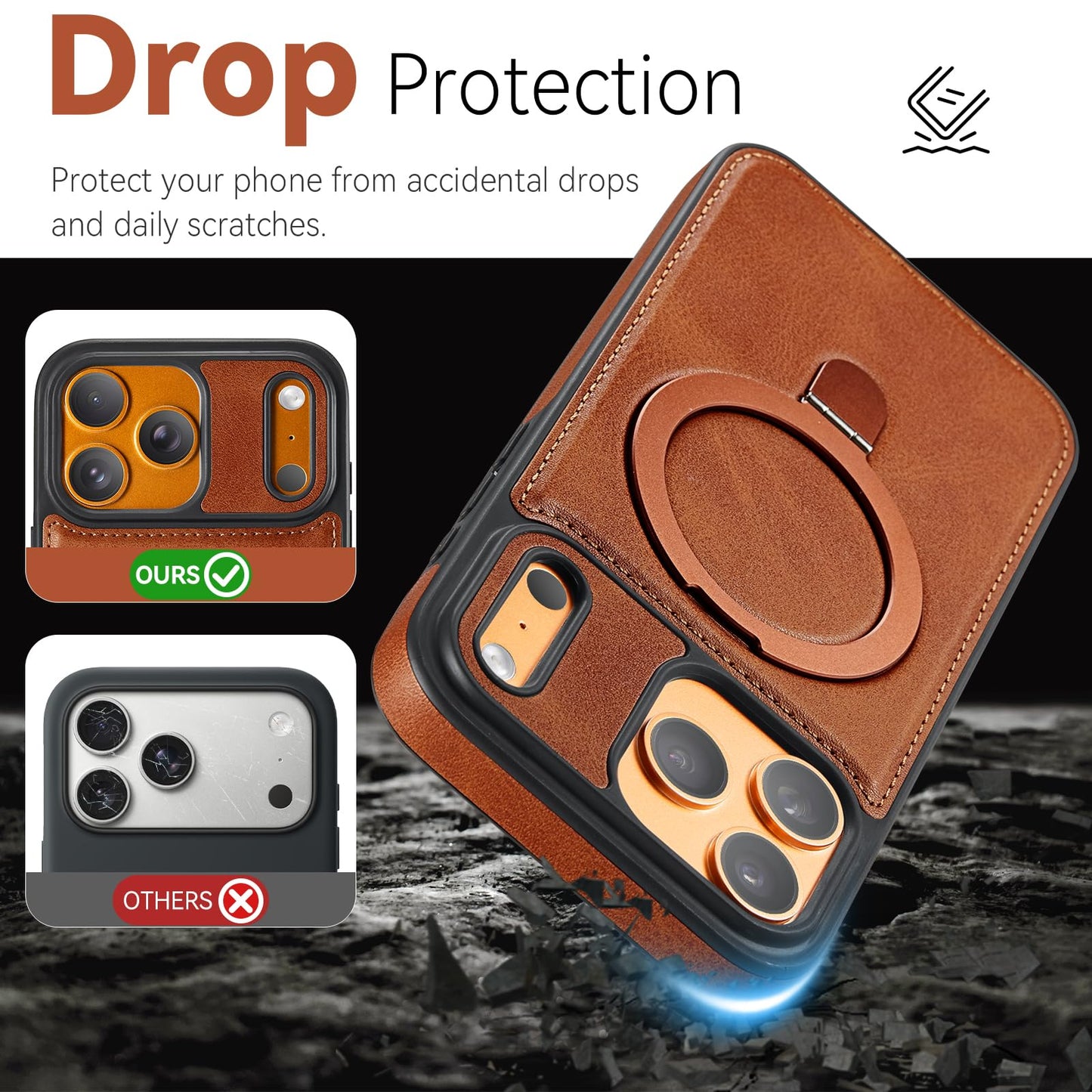 CHEEWADA for iPhone 17 Pro Max Case with Stand, Compatible with MagSafe, Slim PU Leather & TPU Drop-Proof Protective Magnetic Kickstand Phone Cases with Tempered Glass Screen Protector 6.9", Brown