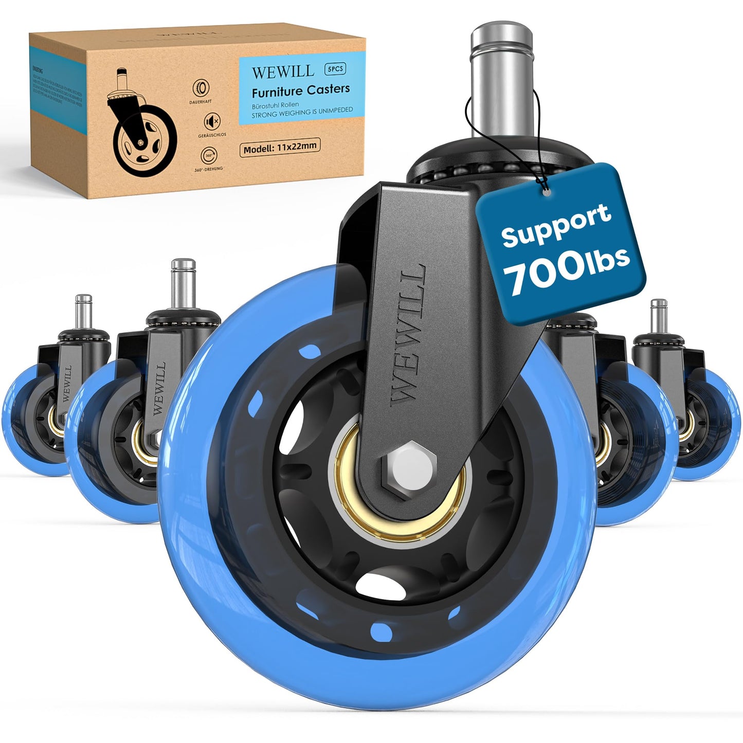 WEWILL Office Chair Wheels - Rubber Casters Replacement Universal Fit 98% Chair(Set of 5) Heavy Duty 3 Inch Smoothly & Quietly Safe for All Floor, Hardwood, Tile, Carpet, Noise Free - Blue
