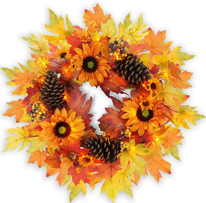 20-inch Fall Wreath, Battery Operated Autumn Wreath with 20 Fairy Lights, Sunflower, Pine Cones, Maple Leaves, Orange & Purple Berries