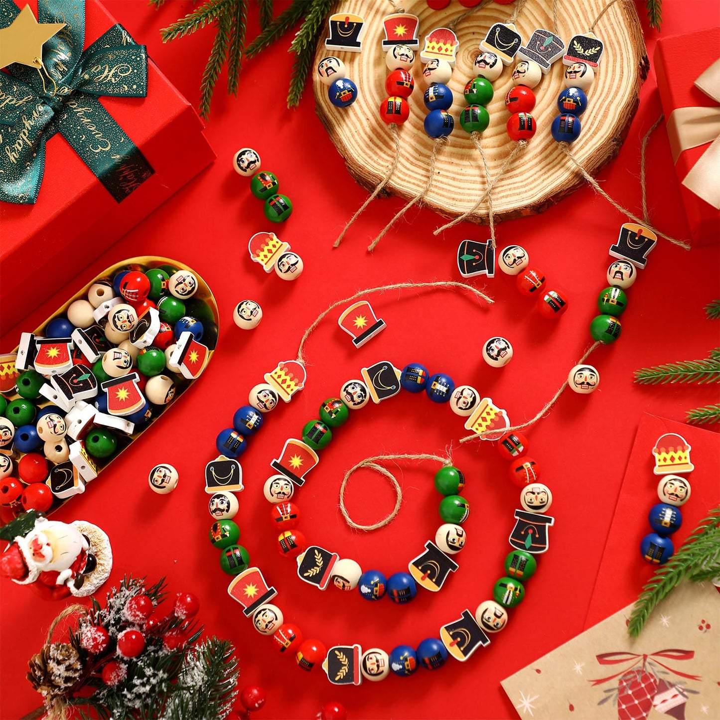 Cinnvoice 240 Pcs Summer Christmas in July Wood Beads with Twine Snowman Gingerbread Man Nutcracker Wooden Bead Garland DIY Crafts Round Beads for Xmas Party Decor(Classic Nutcracker)