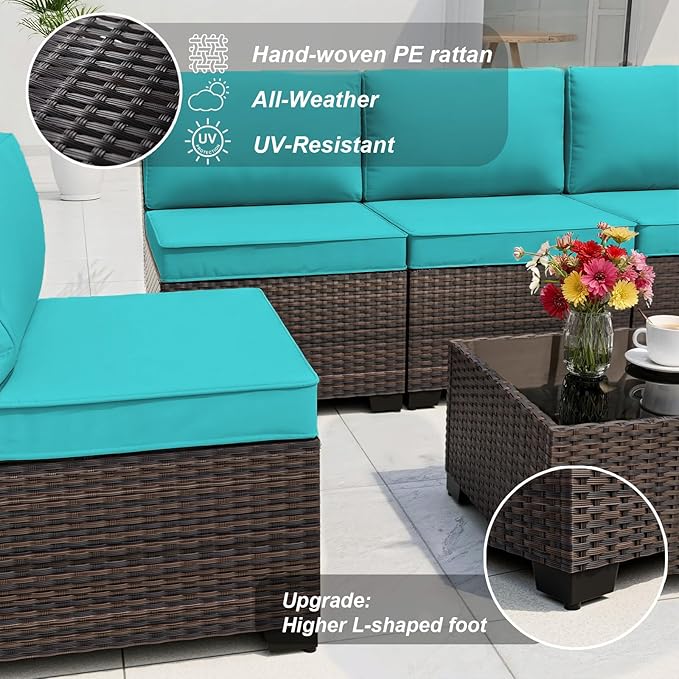 ALAULM 15 Pieces Outdoor Patio Furniture Set with Propane Fire Pit Table Outdoor Sectional Sofa Sets Patio Furniture 43" Gas Fire Pit Brown PE Rattan Patio Conversation Set w/12 Cushions (Blue)