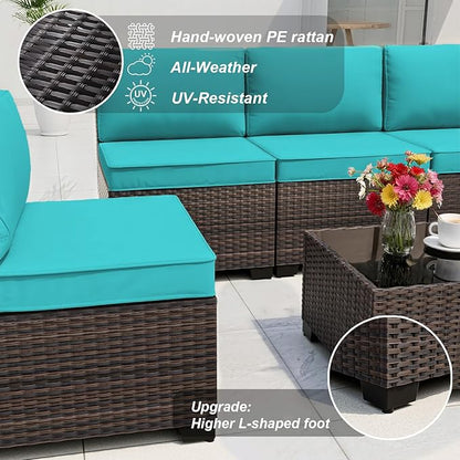 ALAULM 15 Pieces Outdoor Patio Furniture Set with Propane Fire Pit Table Outdoor Sectional Sofa Sets Patio Furniture 43" Gas Fire Pit Brown PE Rattan Patio Conversation Set w/12 Cushions (Blue)