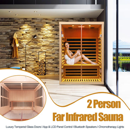 SALUSHEAT 2 Person Infrared Sauna, Low EMF Far Infrared Sauna Hemlock Wooden Sauna for Home, 1780W Indoor Sauna with App & LCD Panel Control, Tempered Glass Doors