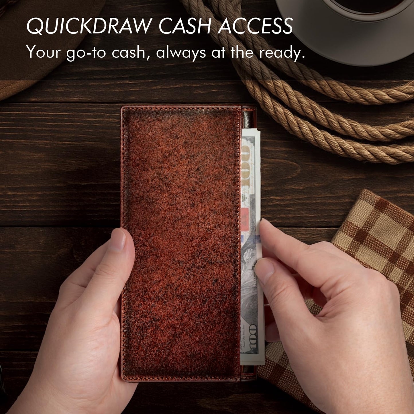 Pefiam Long Wallet for Men Leather, Mens Checkbook Wallet Rodeo, Large Western Cowboy Wallet Bifold, RFID Blocking, Gift for Men (American Flag, Brown)