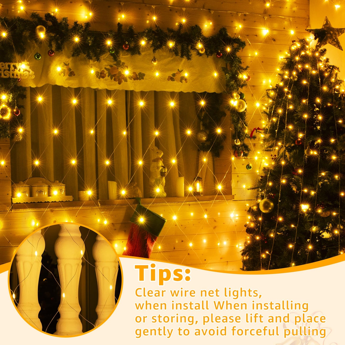 Ollny Net Lights Outdoor Mesh Light 10x7ft, 210LED Clear Wire Connectable Christmas Net Lights with 8 Modes, IP67 Waterproof Bush Light for Tree Wall Ceiling Outside Decorations, Warm White