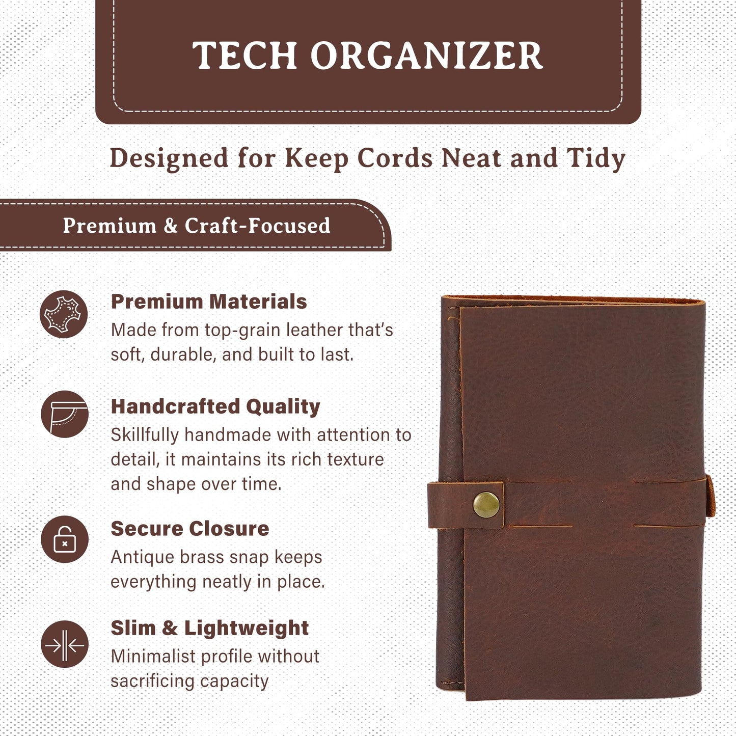 ROGUE WALLET Handcrafted Genuine Leather Tech Organizer - Spacious Phone Cord Organizer, Wide Storage Pockets - Durable & Easy to Maintain Cable Storage Bag for Everyday Use (Brown)