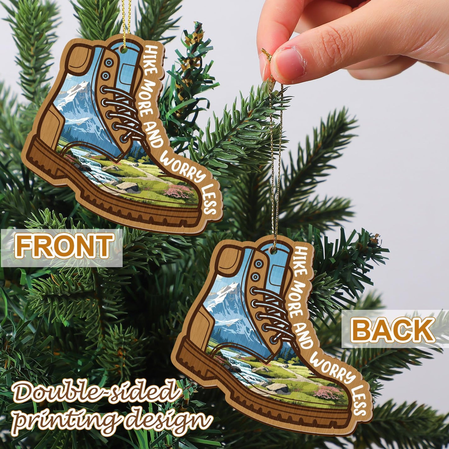 Vercraft 36 Pcs Hiking Ornaments for Christmas Tree - Double-Sided Printing Wooden Outdoorsy Nature Mountain Adventure Backpacking Gifts 2025 for Hikers Campers Men Women