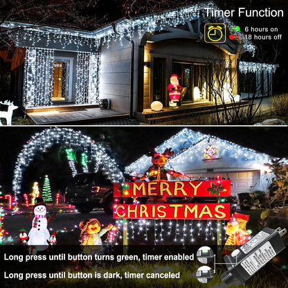 White Christmas Lights Outdoor - 33ft 400 LED Icicle Lights for Outside House, Twinkle Outside Lights Plug in 8 Modes Timer Waterproof for Patio Window Holiday Wedding Party Pathway Indoor Decorations