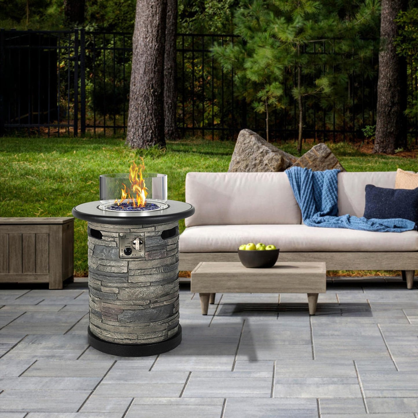 BAIDE HOME Outdoor Propane Fire Pit Table, Round Porcelain Tile Top 22" Fire Bowl Column W/ 40,000 BTU Firepit Table Auto-Ignition 400D Cover Glass Rocks for Outside Patio