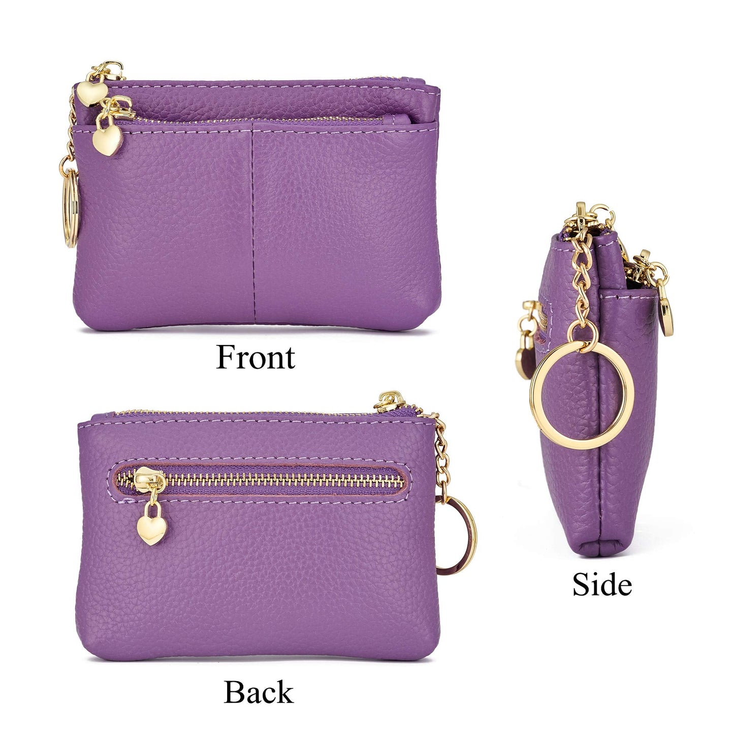 ZOOEASS Coin Purse Women Genuine Leather Zip Mini Purse With Key Ring Triple Zipper Card Holder Wallet(Lavender)