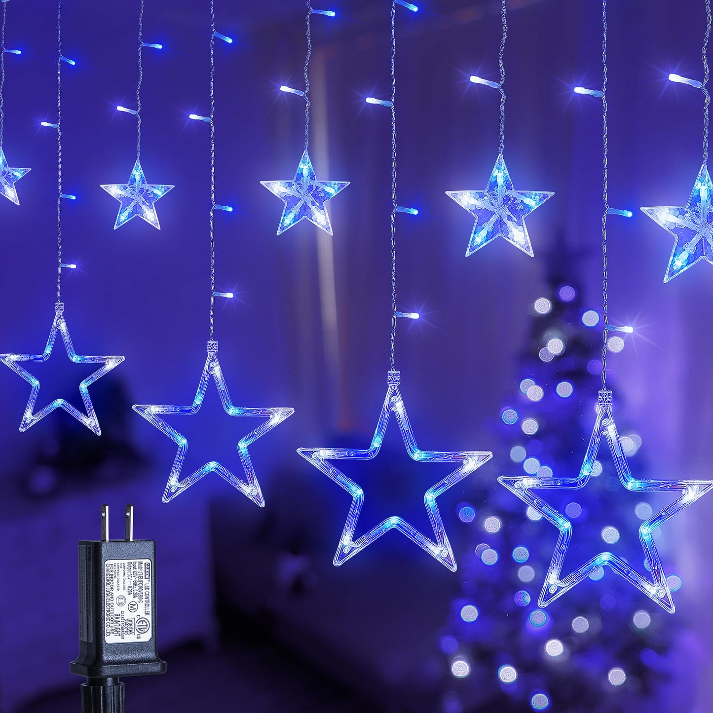 MYGOTO 126L Blue White Christmas Star Icicle Lights, 8.2FT Clear Curtain Fairy String with Connectable, Timer 8 Modes Memory, Waterproof Hanging for Eaves, Party, Wedding Indoor Outdoor Decorations