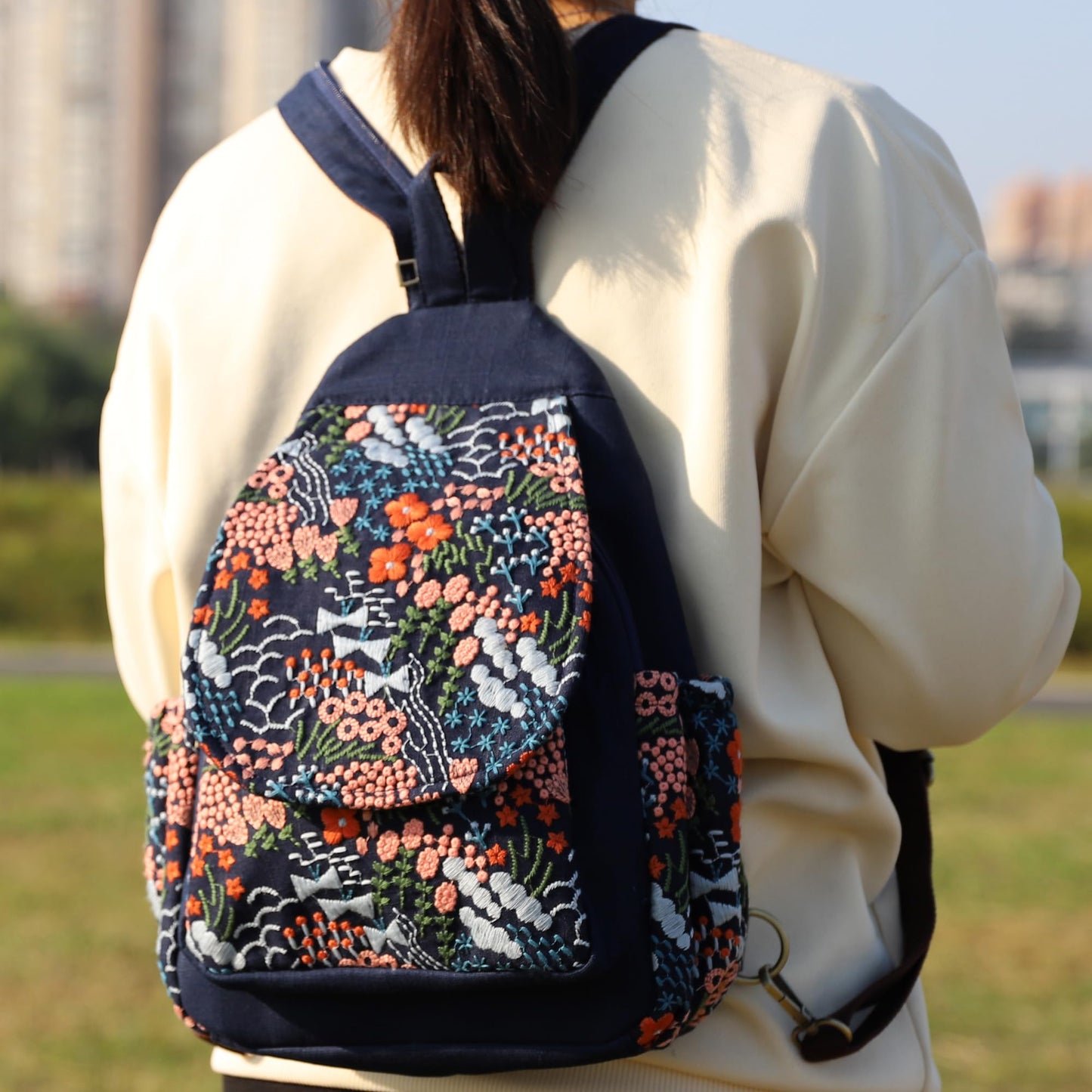 SILKAREA Canvas Sling Backpack Purse for Women Embroidered Flowers Travel Backpack Crossbody Bag Shoulder Bag (Embroidered B)
