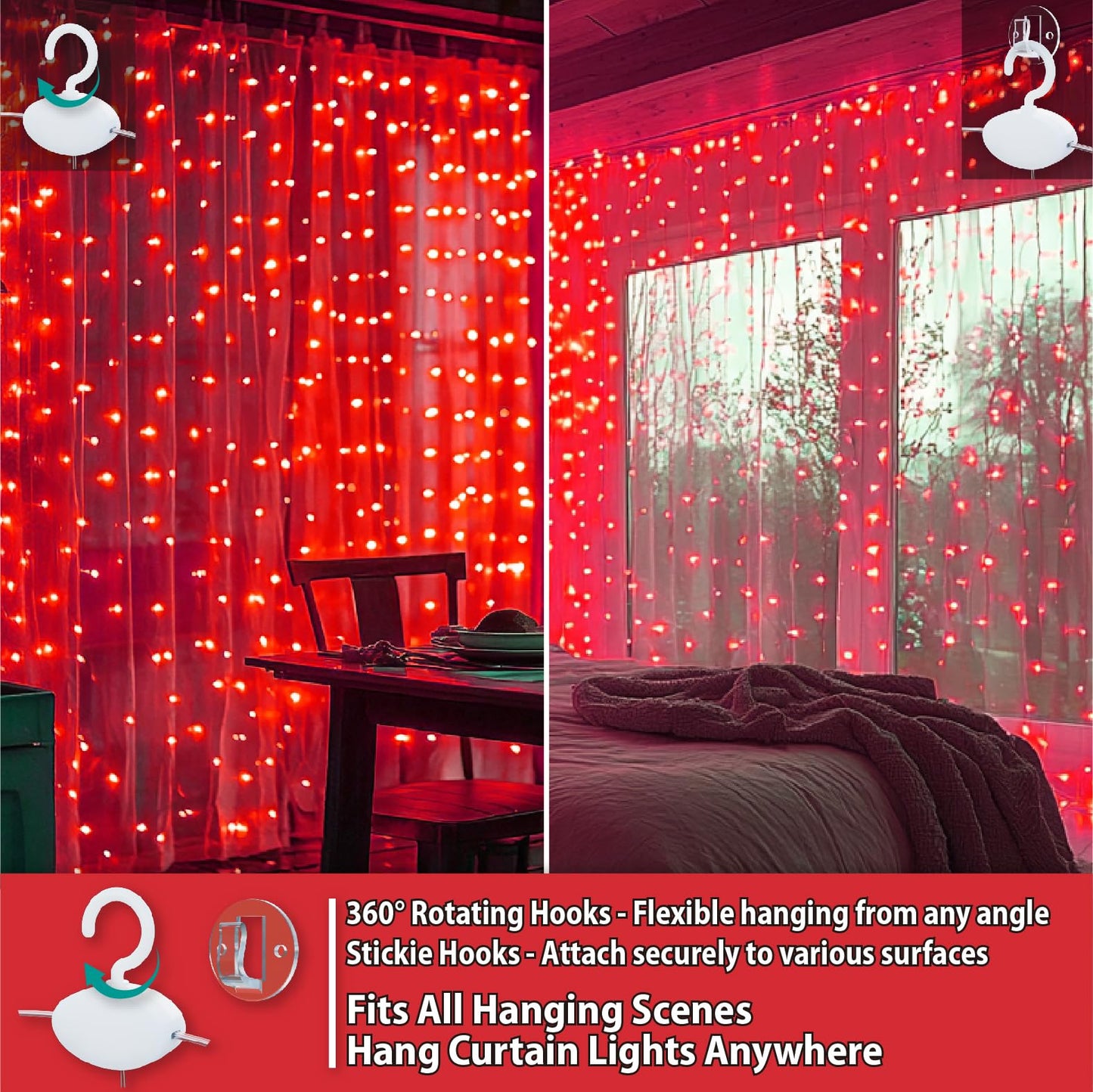 HXWEIYE 300LED Fairy Curtain Lights, 9.8x9.8Ft USB Plug-in 8 Modes Christmas String Hanging Lights with Remote for Bedroom Backdrop Wedding Indoor Wall Decor, Red, Standard – 1 Pack