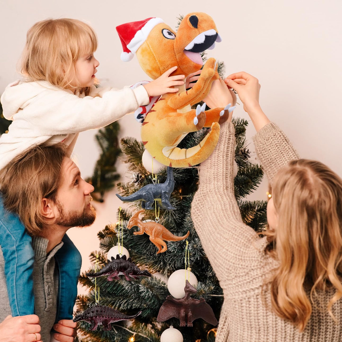 Leyndo 26 Pcs Christmas Tree Topper Ornaments Set Santa Riding Dinosaur Topper 24 Pcs Dinosaur Ornaments 30'' Xmas Tree Skirt