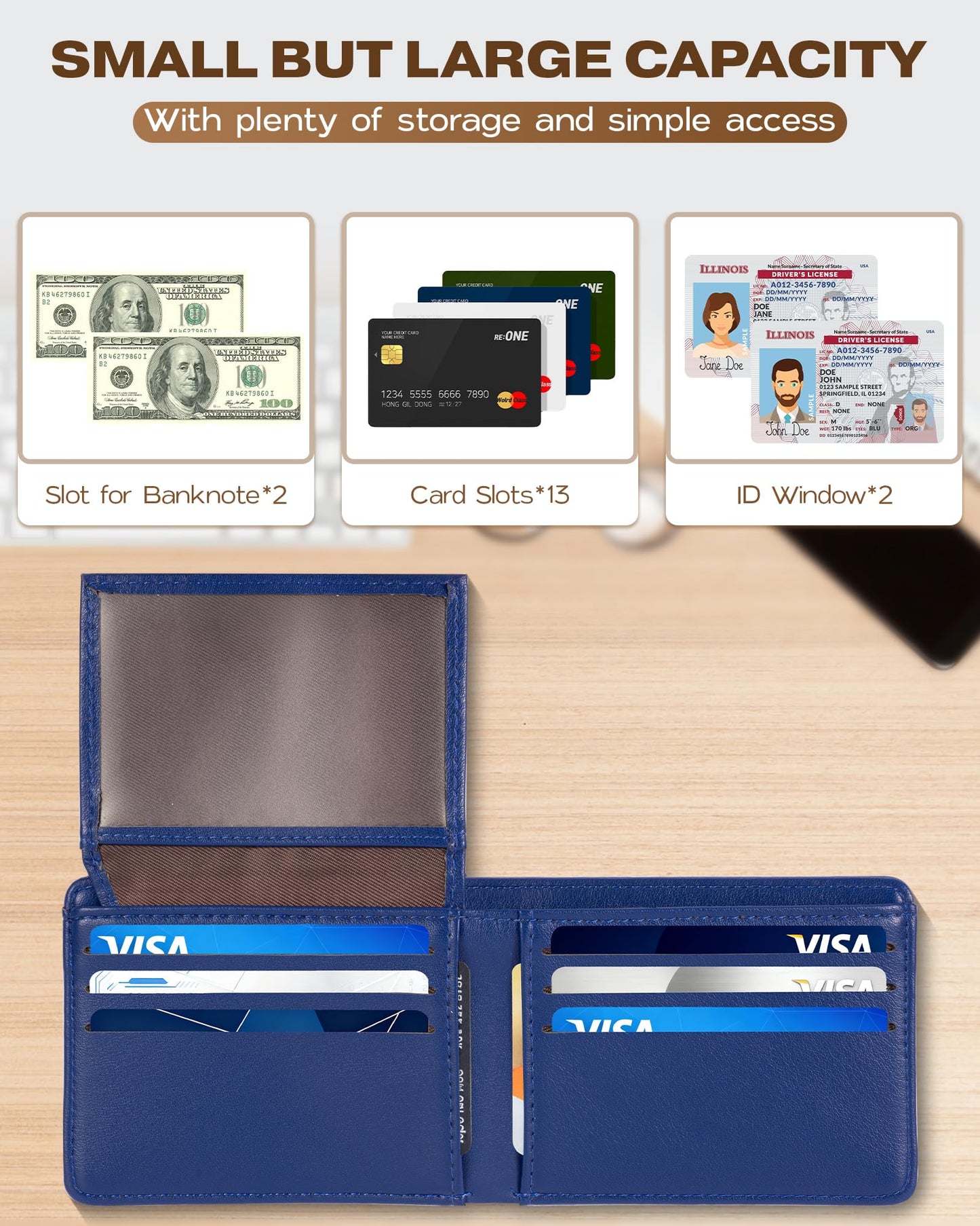 GNDR Wallet For Men Bifold Blue RFID Blocking Slim Faux Leather Wallets Card Holder Front Pocket Minimalist Men Accessories With Gift Box