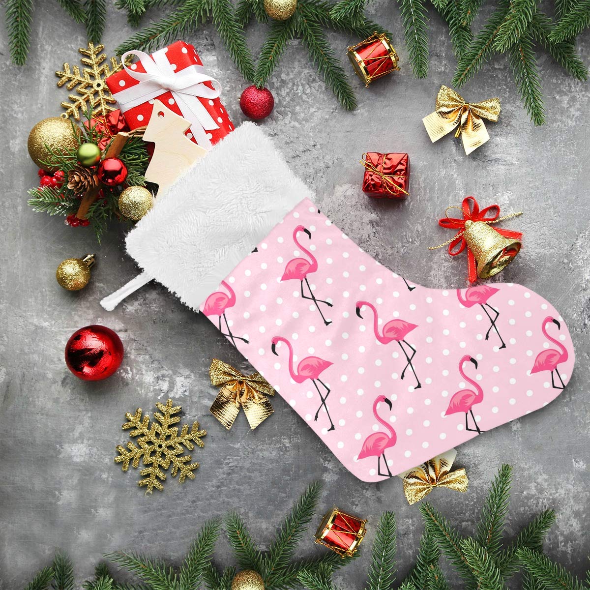 Blueangle White Dots Flamingo Christmas Stockings 17.7 Inch Gift Holders for Party Holiday Decorations Ornaments (1 Pack)