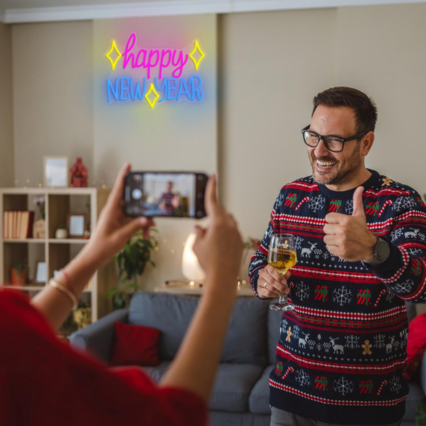 Happy New Year Neon Sign LED Spring Festival Letter Neon Light Sign USB Powered New Year Neon Light for Wall Decor Man Cave Room Party