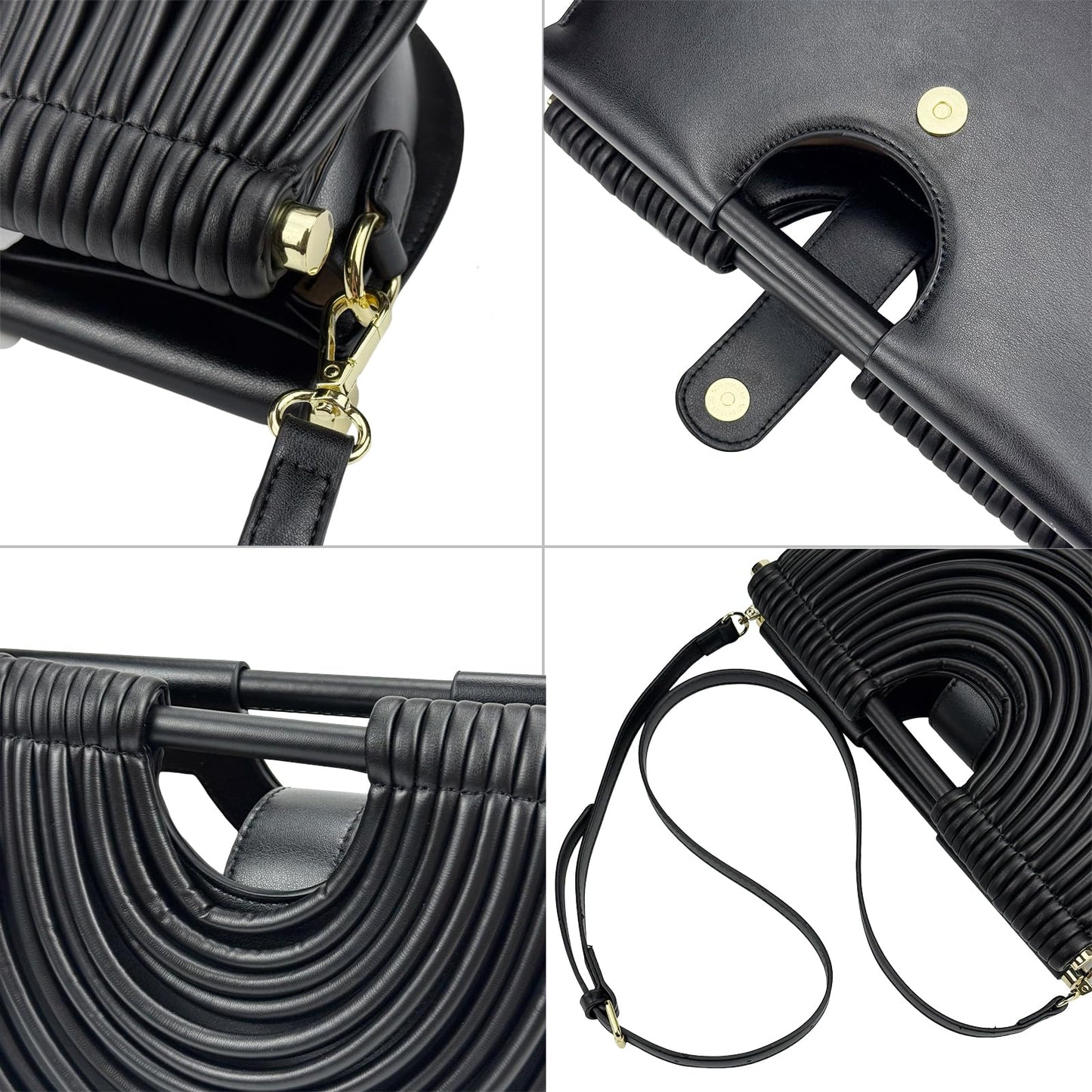 FUTTSPAI Elegant Half Round Chinc Woven PU Leather Lou Top Handle Bag for Women Formal Evening Clutch Purses,Black