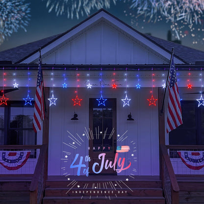 MYGOTO 4th of July Patriotic Star Icicle Lights,8.2ft 126LED red White and Blue Curtain String Waterproof, 8 Modes with Timer Connectable Independence Day Decorations Window Lights for Outdoor Indoor