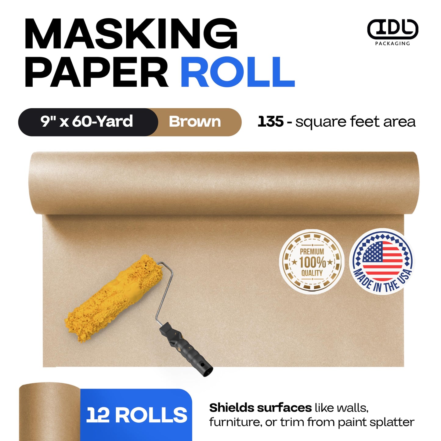 IDL Packaging 9" x 60-Yard Brown Masking Paper Roll to Cover Area (Case of 12) - Natural Painters Kraft Paper Roll for Painting - Floor Covering for Protection from Water-Based Materials