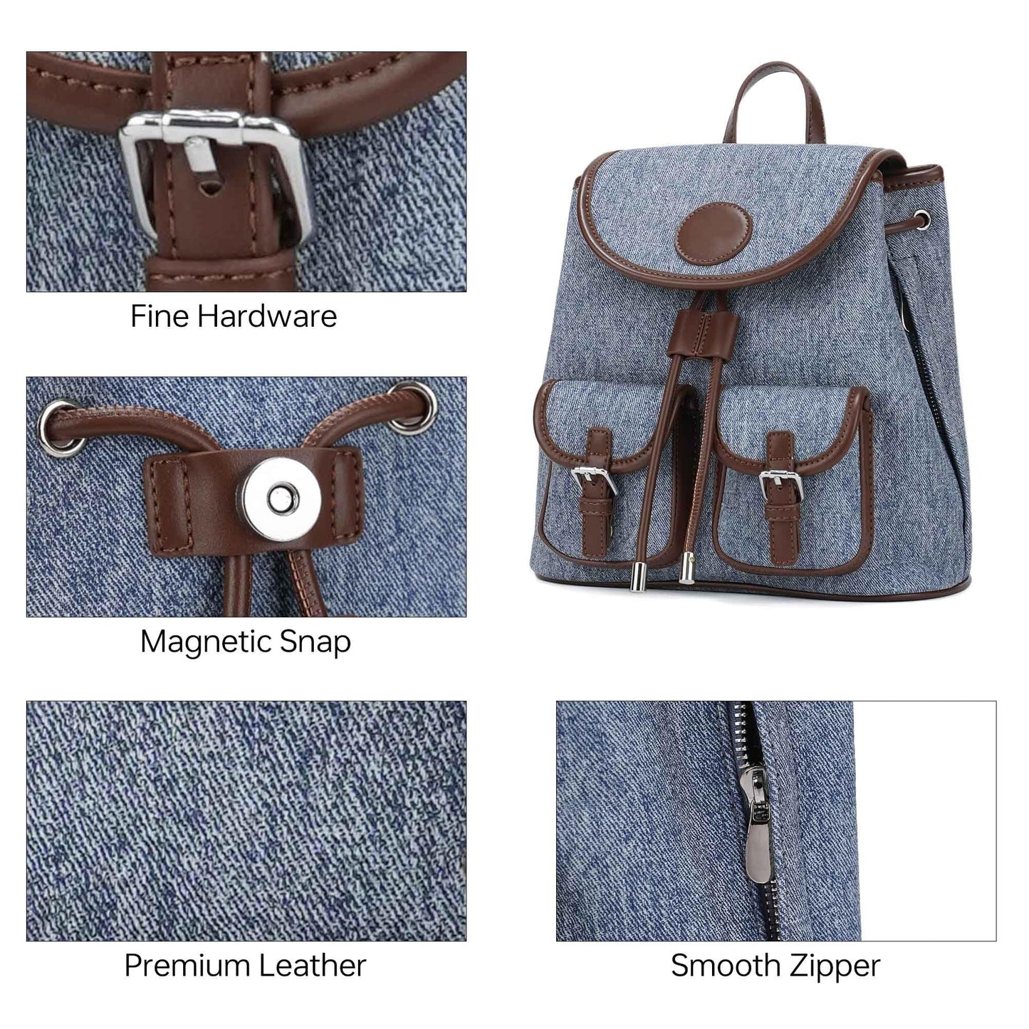 Goinsound Vintage Mini Backpack for Women, Vegan Leather Drawstring Backpack Purse with Buckle Pockets, Small Casual Daybag
