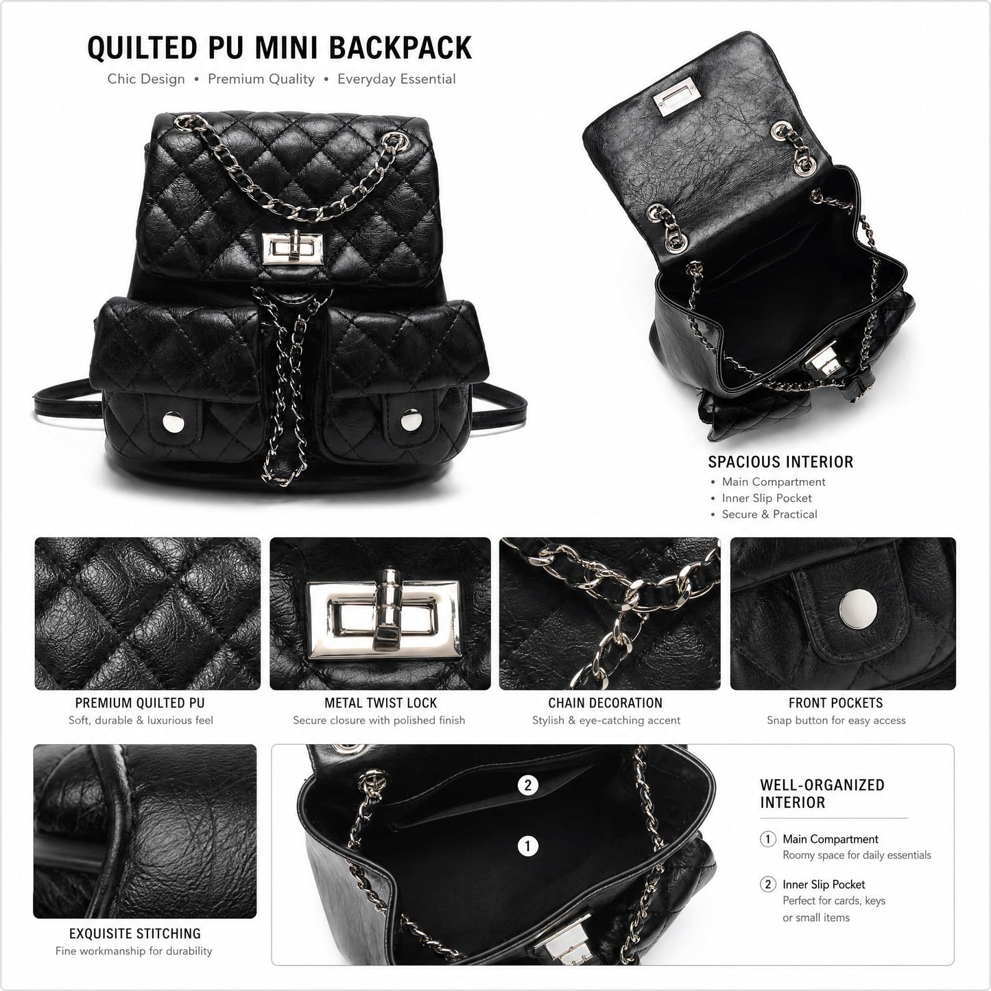 COC.EFRENAR Quilted Mini Backpack for Women, Chain Strap Small Purse with Flap Closure, Fashion Shoulder Bag Cute Travel Daypack(Black)